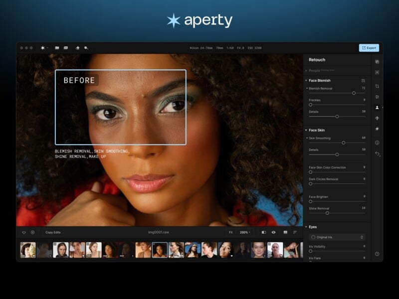 A photo editing software interface is displayed. A portrait of a woman with curly hair and makeup is being edited, with the word "BEFORE" overlaid on her face. The right panel shows retouching options such as blemish removal, skin smoothing, and eye enhancement.