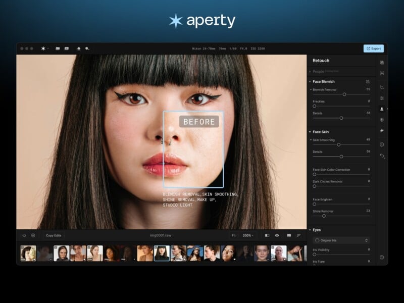 Screenshot of a photo editing software called "Aperty" showcasing its retouching features. A close-up portrait of a woman with heavy makeup is displayed with a highlighted rectangular section labeled "BEFORE." Tools like face blemish removal, face skin smoothing, and eye enhancing are listed on the right panel.