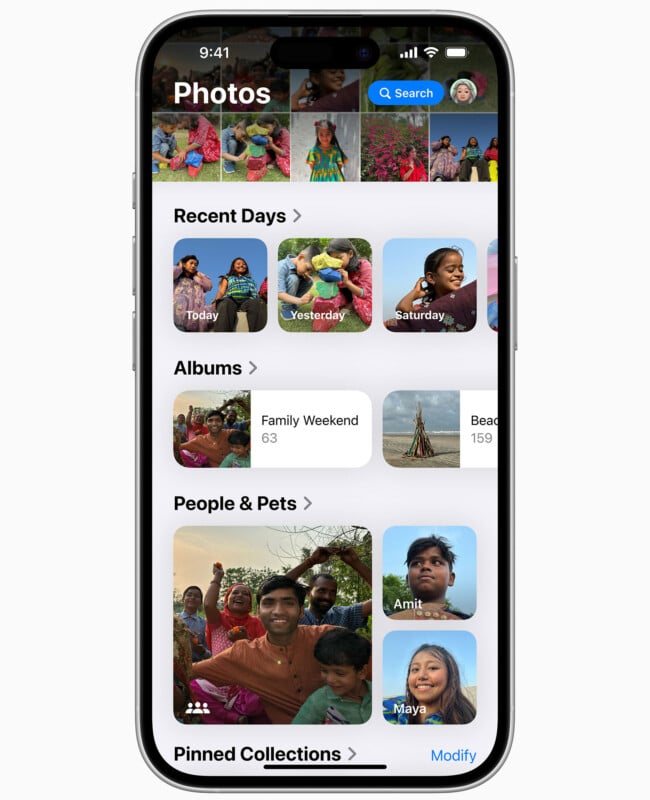 A smartphone screen showing a photo gallery app. The app displays categories like "Recent Days," "Albums," "People & Pets," and "Pinned Collections." Various photos of people, including labeled ones of children named Amit and Maya, are visible in different sections.