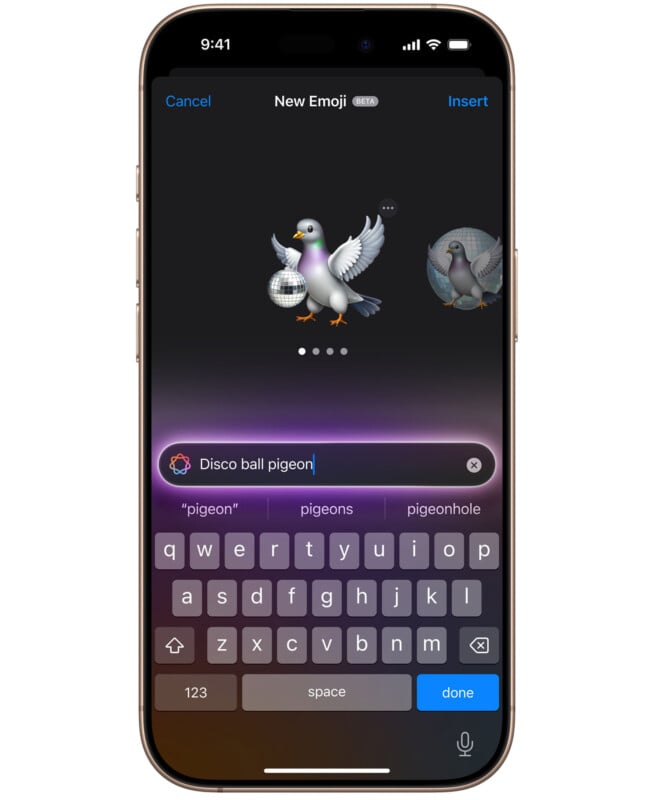 Screenshot of a smartphone displaying a new emoji creation screen. The screen features a pigeon holding a disco ball, labeled "Disco ball pigeon." A search input shows typing suggestions. The background has a gradient of dark colors. Time on the device is 9:41 AM.