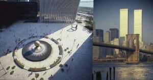 On the left, an aerial view of a plaza with a large spherical sculpture in the center, surrounded by buildings. On the right, the World Trade Center twin towers rise above the New York City skyline near the Brooklyn Bridge on a clear day.