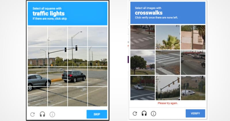 Two CAPTCHA verification challenges are shown. The left one asks to "Select all squares with traffic lights," and the right one asks to "Select all images with crosswalks." Both feature a grid of images where the user must identify specific elements, like traffic lights and crosswalks, respectively.