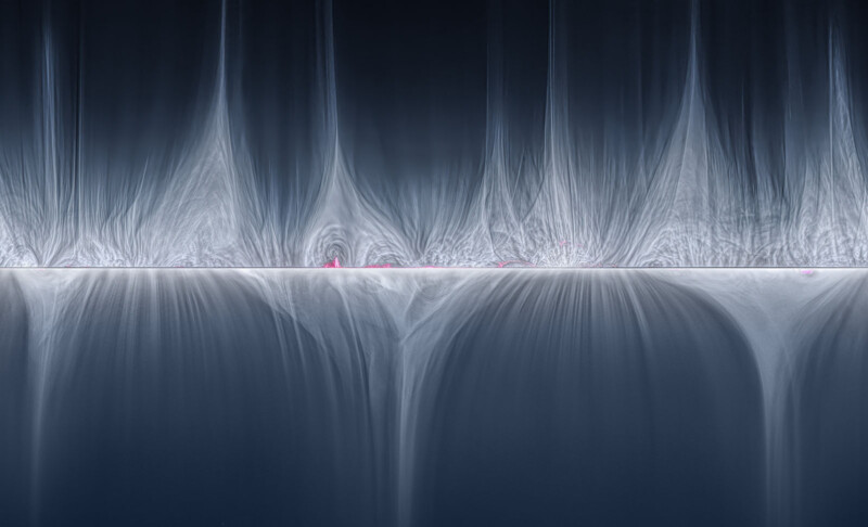 Abstract image featuring fine, wispy patterns resembling flowing waterfalls intersecting with a horizontal line across the middle. The design is illuminated with subtle gradients of light blue and white, creating a serene and ethereal atmosphere. Small pink dots appear sparsely along the horizontal line.