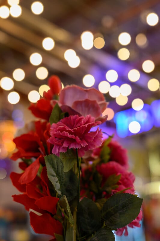 A bouquet of vibrant red and pink flowers is in sharp focus in the foreground, set against a softly blurred background with numerous glowing bokeh lights, creating a warm and enchanting ambiance.