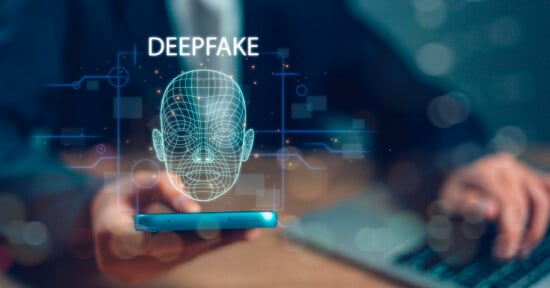 A person holding a smartphone, with a holographic wireframe face and the word "DEEPFAKE" displayed above. The background is blurred, emphasizing the phone and the hologram.