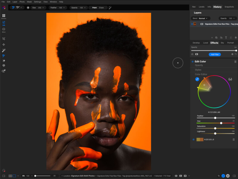 A digital art editing software interface displaying a portrait of a person with short dark hair and dark skin. Bright orange paint streaks adorn their face and fingers. The software panel shows various editing tools, color adjustments, and layering options.