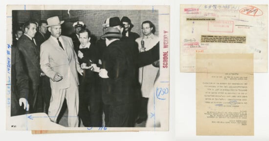 A black-and-white photograph on the left captures a man being escorted by police, surrounded by a crowd. On the right, there are documents and notes related to the image. The image appears to be part of an old newspaper archive.