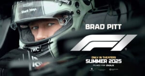 Close-up of a race car driver in a helmet looking ahead, with the name "Brad Pitt" in bold text next to the "F1" logo. Below, it states "Only in Theaters Summer 2025 Filmed for IMAX" with small logos for Apple Original Films, Formula 1, and Jerry Bruckheimer Films.