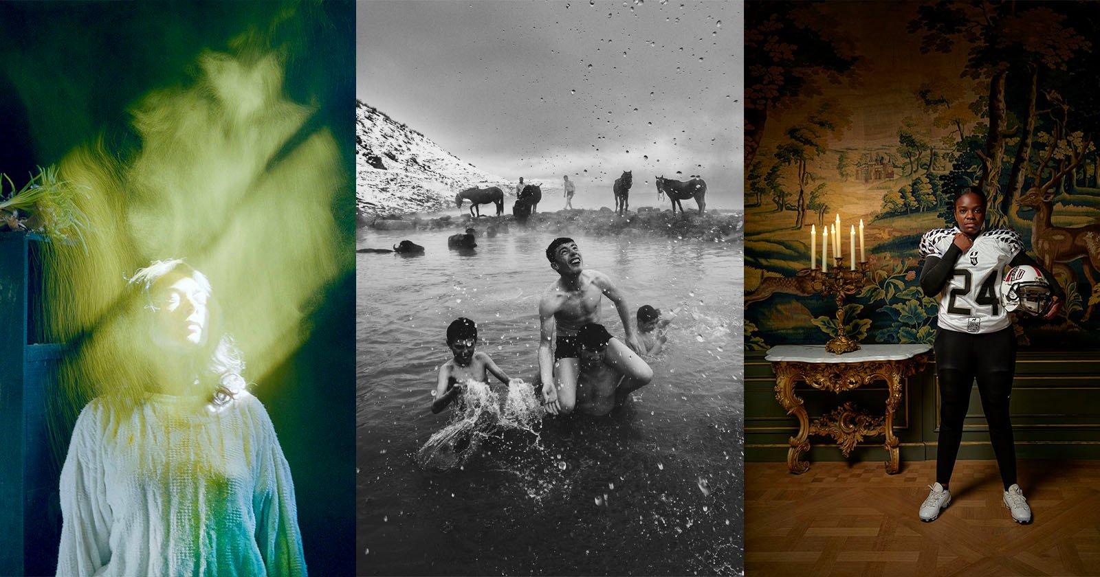 A composite image of three photos: Left shows a person with a yellow-green light illuminating their face. Middle depicts people swimming in a hot spring with snow-covered hills and wild horses in the background. Right features an athlete holding a football helmet, posing indoors.