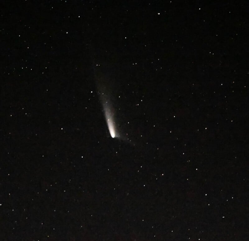 Image of a night sky filled with numerous stars, featuring a comet at the center with a bright nucleus and a long, faint tail. The comet appears to be traveling through space, surrounded by the dark expanse and twinkling stars.