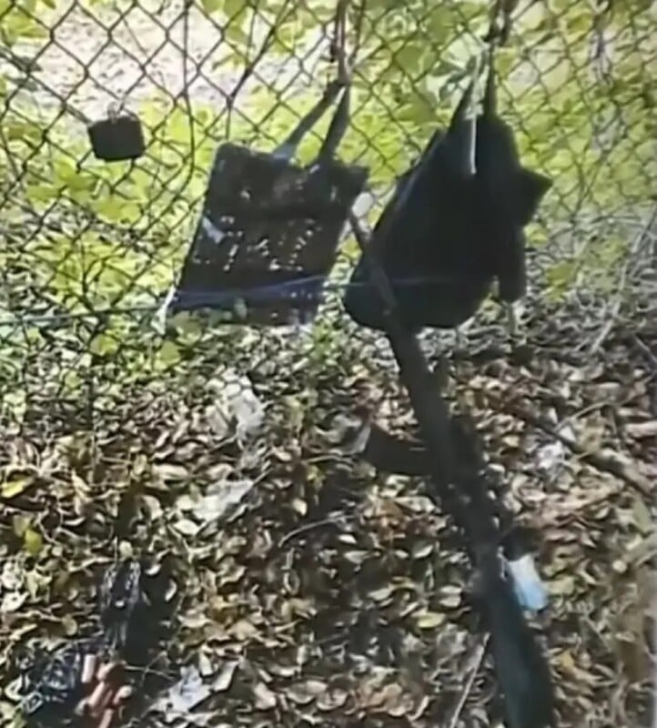 Various items, including bags and what appears to be a firearm, are hung on a chain-link fence. The ground is covered with fallen leaves and debris, with greenery visible beyond the fence.