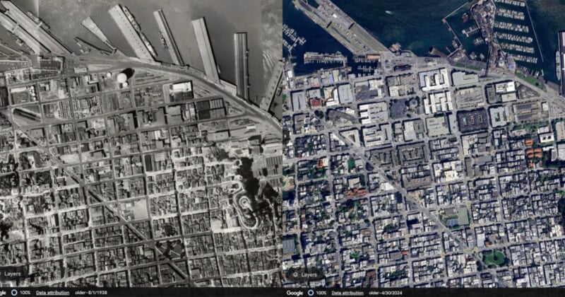 A side-by-side comparison of an aerial view of a city near a waterfront from two different time periods. The left side shows a black and white image with fewer buildings and more open spaces, while the right side shows a modern, densely built urban landscape.