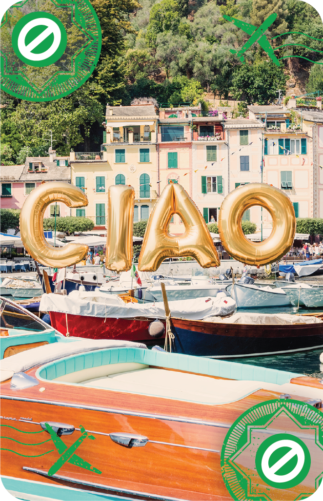 Colorful buildings along a waterfront with boats docked in front. Large gold balloons spell out "CIAO" above the boats. Green icons with white circles and diagonal lines decorate the corners of the image.