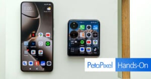 An image displays two smartphones: one unfolded on the left and another folded on the right, showing home screens with various app icons. The unfolded phone shows the time 11:00 and date Thursday, September 28. The image includes the "PetaPixel" and "Hands-On" logos.