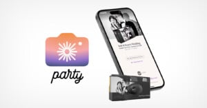 A promotional image features the Party mobile app logo beside a smartphone displaying a wedding event on the app. Below the phone is a custom disposable camera with a black and white photo on it. The overall theme suggests a wedding celebration.