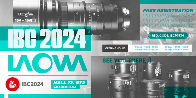 Promotional banner for IBC 2024 featuring large camera lenses and company's logo. It includes event details: 13-16 September, Hall 12, G72 at RAI Amsterdam, with free registration and a registration code IBC10934. Opening hours are also displayed.