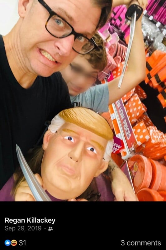 A person wearing glasses, making a grimace, and holding a toy sword stands beside a child whose face is blurred. Another child wearing a mask resembling a person with blonde hair and also holding a toy sword stands in front of them. They appear to be in a store.