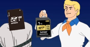 A cartoon character removes a mask from an SD Express card, revealing a 1TB Lexar Professional SD card underneath. The background is a dark blue night sky, and the character wears a white shirt, blue collar, and orange neckerchief.