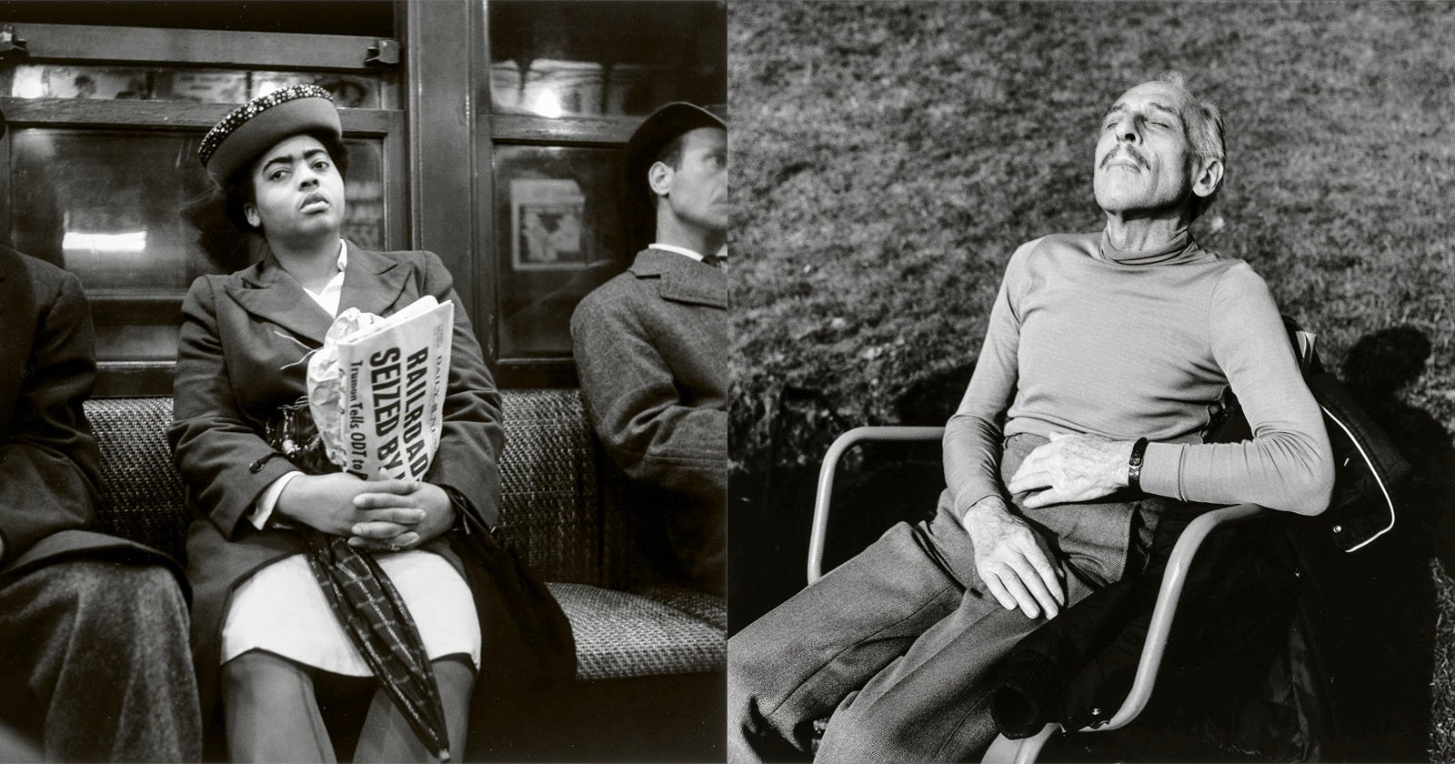 A black-and-white image split into two parts: the left side shows passengers on public transportation, with a woman holding a newspaper featuring the headline "Court Order Speedup!"; the right side shows an elderly man sitting in a wheelchair outdoors, soaking up the sun.