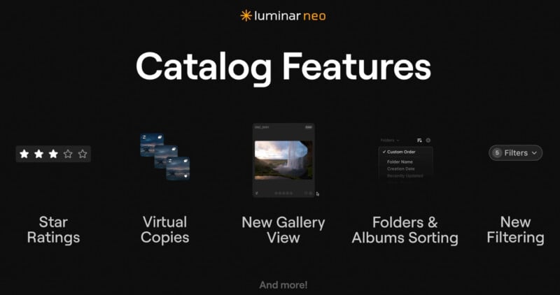 A dark-themed slide showcasing Luminar Neo's catalog features: star ratings, virtual copies, a new gallery view, folders and albums sorting, and new filtering. Each feature is accompanied by a representative icon or screenshot.