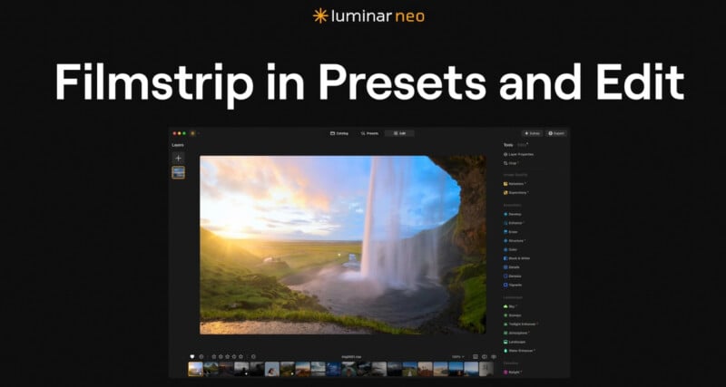 Screenshot of Luminar Neo photo editing software interface, showcasing a landscape photograph with a waterfall. The text "Filmstrip in Presets and Edit" is visible at the top, highlighting the filmstrip feature in the editing and presets panel.