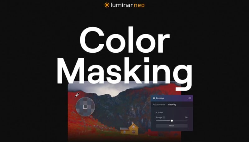 A screenshot of the Luminar Neo software interface with the text "Color Masking" prominently displayed. Below the text is an image of a mountainous landscape with a tool panel on the right showing "Develop," "Adjustments," and "Masking" options.