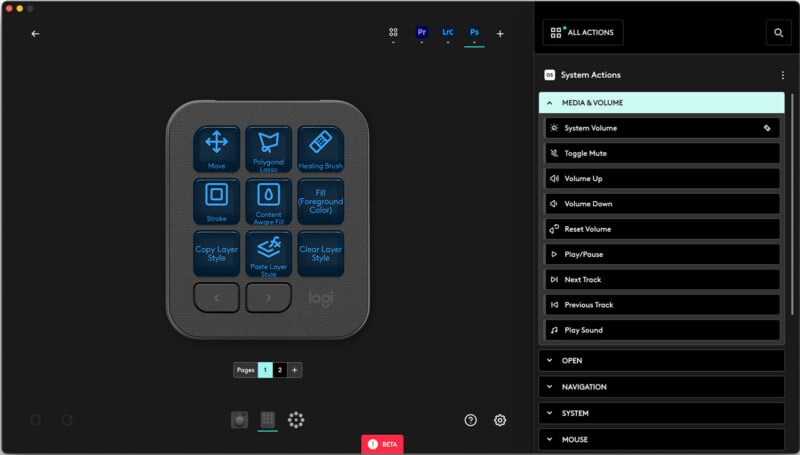 A screenshot of a software interface for configuring a Logitech device. The device has nine customizable buttons, shown on the left side of the screen, with functions such as "Move," "Full Screen," "Brush Tool," "Copy Layer," and others. The right side displays various system actions like media and volume controls.