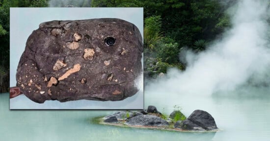 A dark, porous rock with embedded light-colored fragments is placed against a backdrop of a steaming hot spring surrounded by lush greenery. The rock appears to be a focal point, highlighting its texture and composite materials.