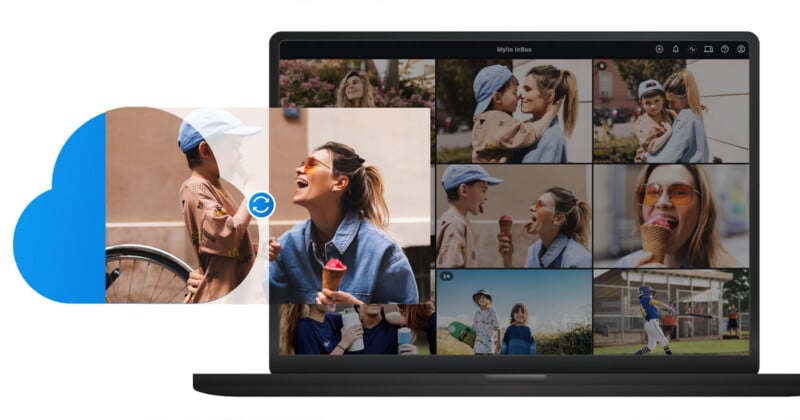 A laptop screen displays a photo gallery featuring various candid images of people, including children and adults, engaging in different activities. To the left, a cloud icon with an arrow suggests syncing or uploading photos.