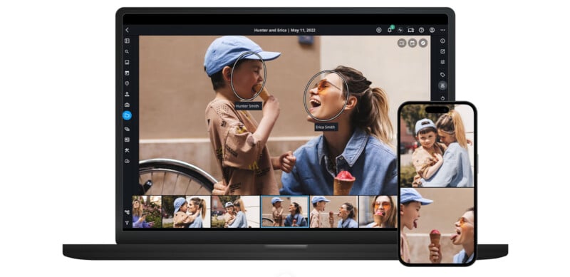 A laptop and smartphone showing a photo editing software with tagged faces. The main image features a joyful moment between an adult and a child, both wearing casual clothing and enjoying ice cream. The software's interface displays several other thumbnail images.