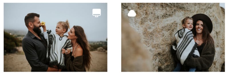 Two photos of a family outdoors. In the left photo, a bearded man, woman, and child with a yellow flower stand closely together, smiling. In the right photo, the woman and child, wrapped in a striped blanket, smile while leaning against a large rock.