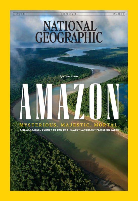 A National Geographic magazine cover features an aerial view of the Amazon River winding through lush, green rainforest. The headline reads, "AMAZON: Mysterious. Majestic. Mortal. A remarkable journey to one of the most important places on Earth!.