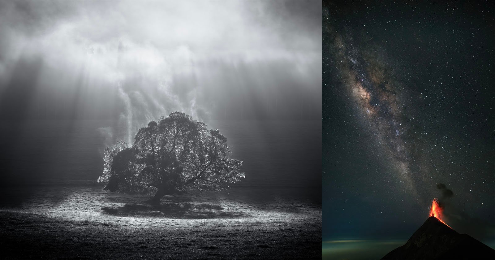 A composite image with a black-and-white photo of a lone tree illuminated by dramatic sunlight on the left, and a color photo of a volcano erupting under the Milky Way in the night sky on the right.