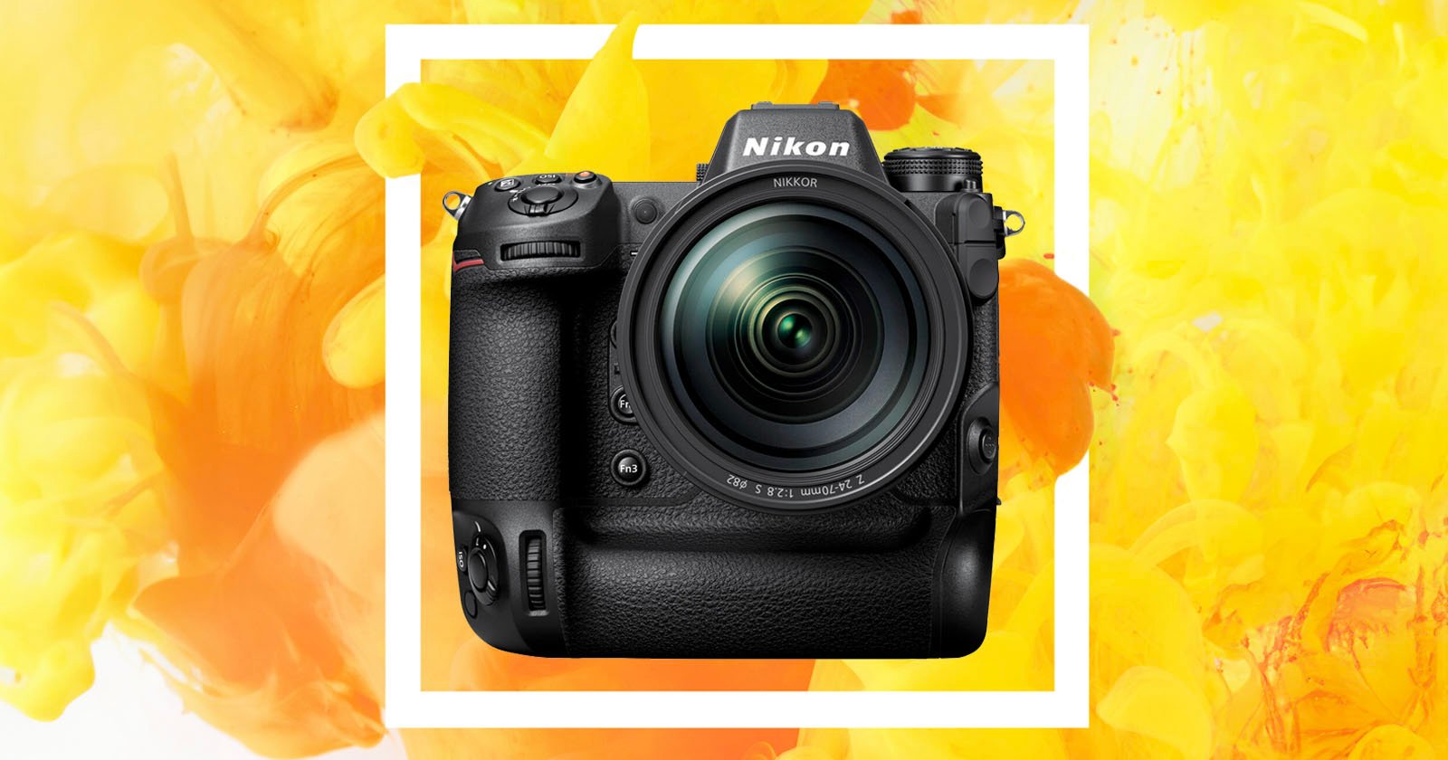 The image shows a Nikon DSLR camera with a large lens against a vibrant yellow and orange abstract background. The camera features multiple buttons and dials, and the brand name "Nikon" is visible on the upper portion near the viewfinder.