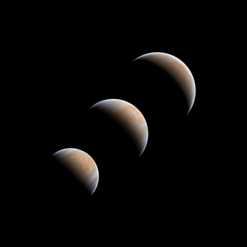 A composite image showing three crescent views of a planet, progressively moving from the bottom left to the top right against a black background. The planet displays varying shades of brown and orange, with atmospheric or surface details visible.