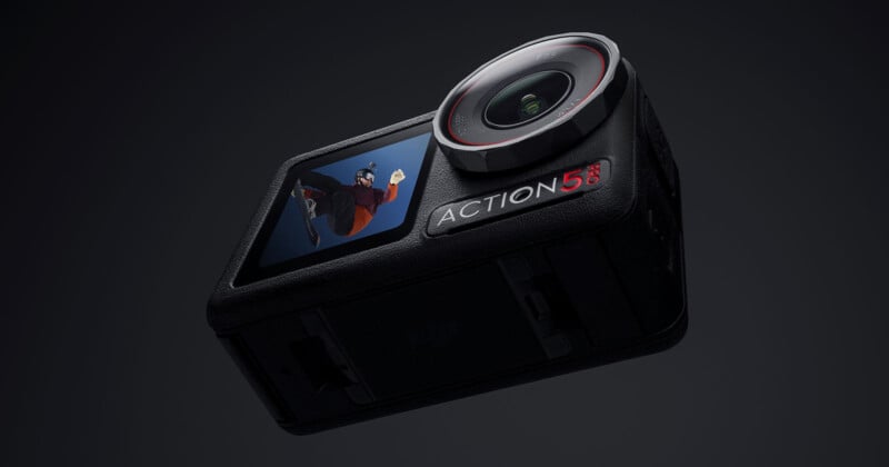 A compact action camera with a large lens on the right, a small screen on the left showing a person performing an action stunt, and a label reading "Action 5" is set against a dark background.