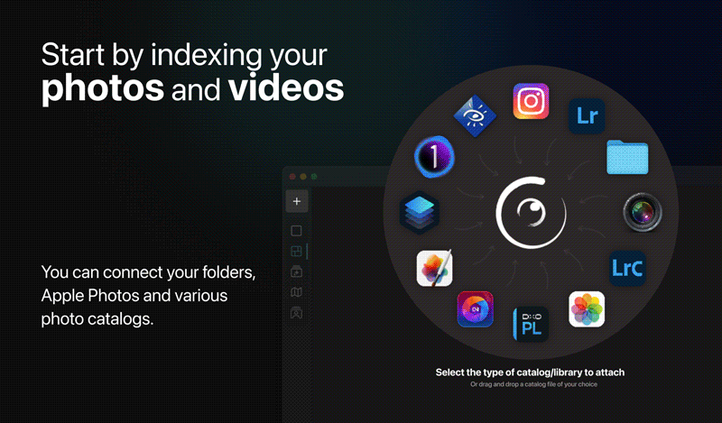 A dark-themed interface shows an array of colorful app icons in a circular arrangement. Prompts read: "Start by indexing your photos and videos," and "You can connect your folders, Apple Photos, and various photo catalogs." A central button invites users to select a catalog/library.