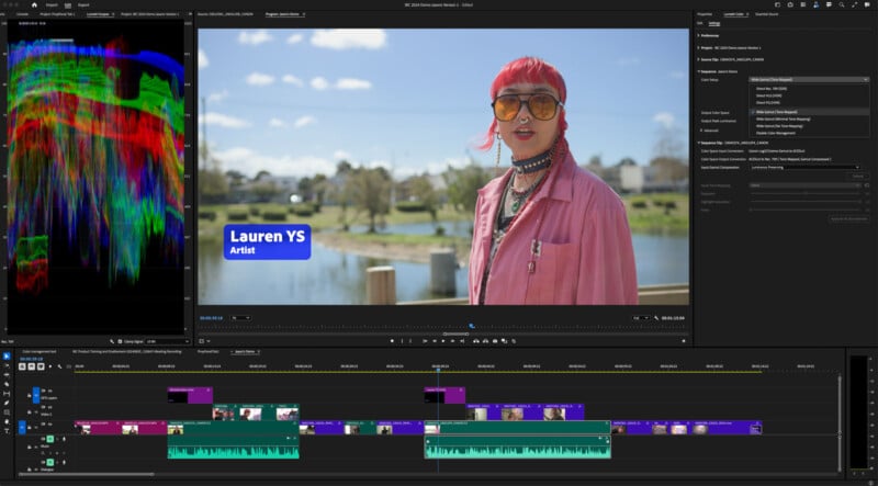 A video editing interface featuring a timeline with various clips and transitions. The main preview window displays a person with pink hair and sunglasses outdoors, identified as "Lauren YS, Artist." Color scopes and adjustment panels are visible on the left and right.