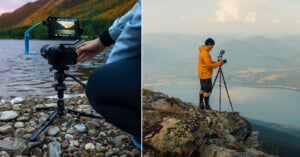 Split image: Left side shows close-up of a camera with an attached monitor on a tripod placed on rocky ground by a lake. Right side depicts a person in an orange jacket using a camera on a tripod, capturing a scenic mountain and lake view from an elevated vantage point.