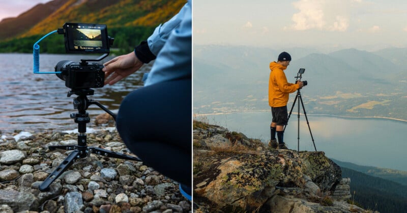 Split image: Left side shows close-up of a camera with an attached monitor on a tripod placed on rocky ground by a lake. Right side depicts a person in an orange jacket using a camera on a tripod, capturing a scenic mountain and lake view from an elevated vantage point.