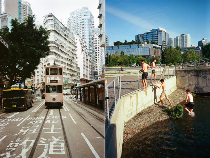 The image is split into two scenes. The left side shows a street with a tram in a busy urban area featuring high-rise buildings and Chinese characters on the road. The right side depicts a sunny day at a park with people by a riverside, engaging in activities near the water.