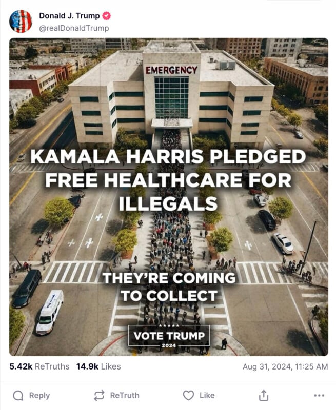 A social media post by Donald J. Trump features an image of a hospital with an "EMERGENCY" sign at the entrance. A long line of people extends from the hospital entrance. Text on the image reads, "KAMALA HARRIS PLEDGED FREE HEALTHCARE FOR ILLEGALS. THEY'RE COMING TO COLLECT. VOTE TRUMP 2024." The post has metrics at the bottom showing 5.42k ReTruths and 14.9k Likes, dated August 31, 2024, at 11:25 AM.