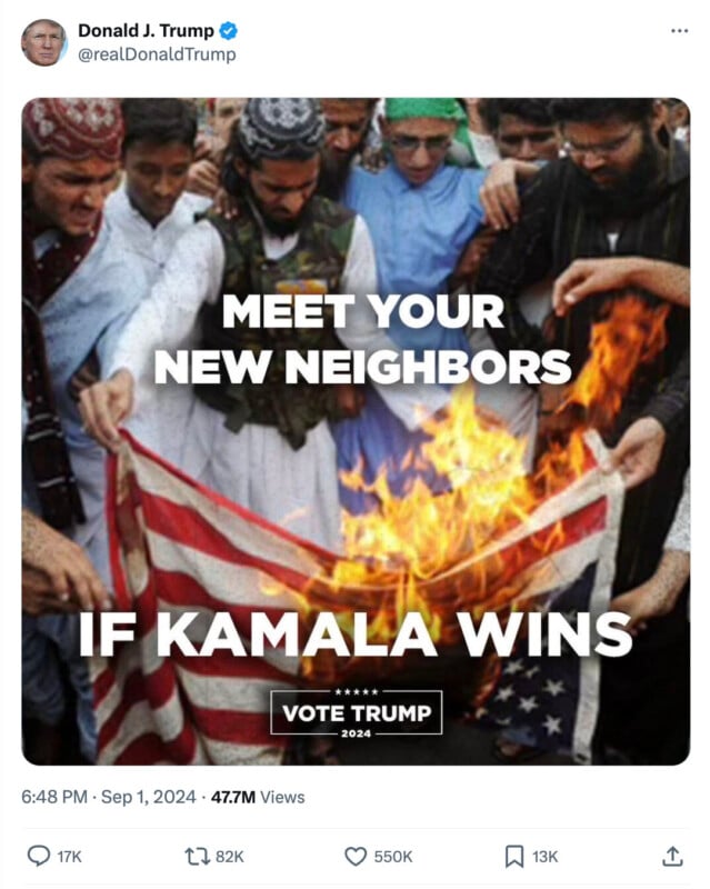 A tweet from Donald J. Trump features an image of a group of people burning an American flag. Overlaid text reads: "Meet your new neighbors if Kamala wins. Vote Trump 2024." The tweet includes its metrics: 17K comments, 82K retweets, 550K likes, and 13K bookmarks.