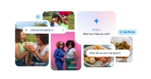 A collage of photos and text. Two women laughing with drinks, two women posing outdoors, a bowl of food, a conversation with "Hi Elisa, What can I help you with?", and a search bar with “Alice and me laughing”. Buttons for "Ask Photos" and search are also visible.