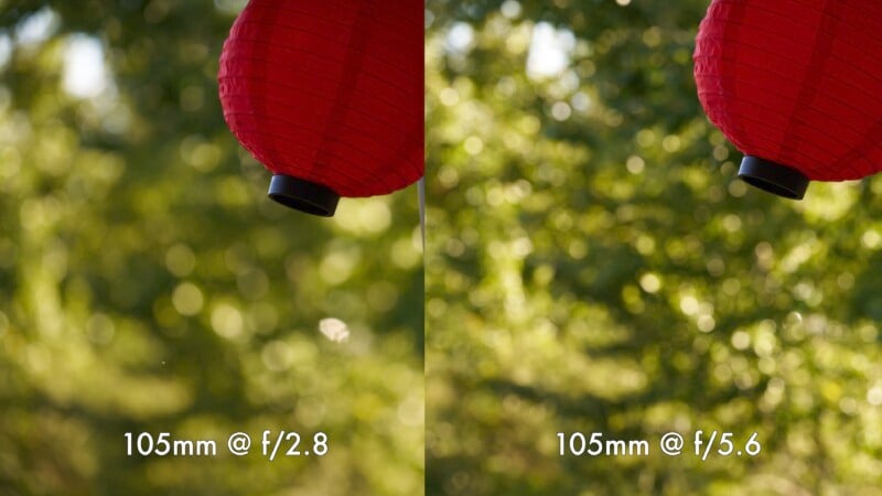 Side-by-side comparison of a red lantern hanging outdoors, highlighting differences in background blur at 105mm focal length. Left image has settings of f/2.8, showing a more blurred background, while the right image has settings of f/5.6 with a less blurred background.