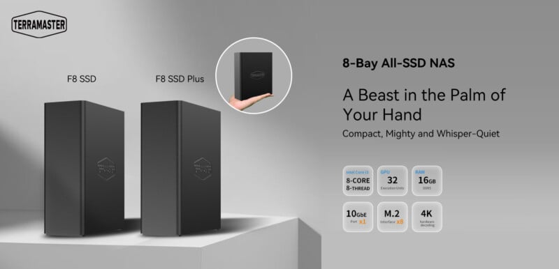 Image of TerraMaster's 8-Bay All-SSD NAS with the tagline "A Beast in the Palm of Your Hand." Two solid black units, labeled as F8 SSD and F8 SSD Plus, are shown with a floating hand holding one. Key features include 8-core processor, 16GB RAM, 10GbE link, M.2 NVMe, and 4K transcoding.