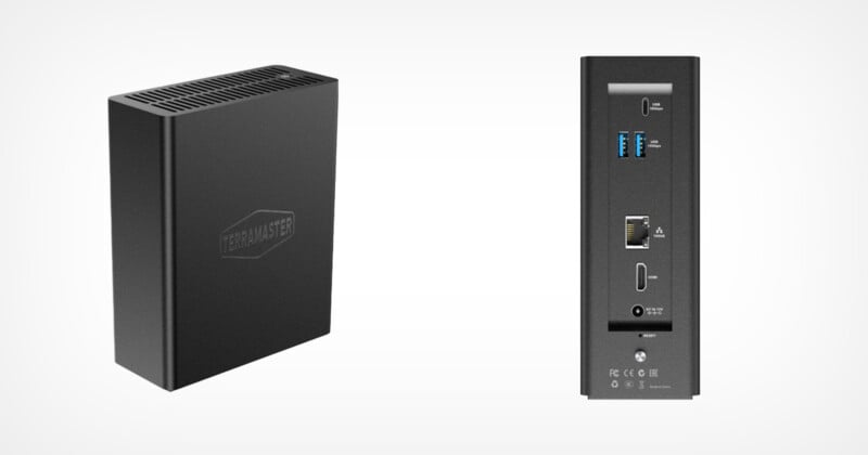 A rectangular black TerraMaster external hard drive enclosure. The front view shows TerraMaster branding, while the rear view displays ventilation, USB 3.0 ports, an Ethernet port, a power switch, and the device's specifications.