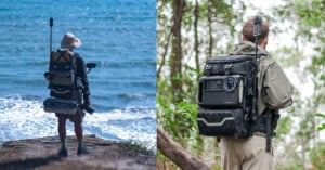 Two images of people in outdoor settings carrying advanced backpacks with various equipment attached. The left image shows a person on a cliff overlooking the ocean, and the right image shows a person in a forested area. Both backpacks are equipped with high-tech gear.