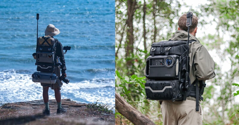 Two images of people in outdoor settings carrying advanced backpacks with various equipment attached. The left image shows a person on a cliff overlooking the ocean, and the right image shows a person in a forested area. Both backpacks are equipped with high-tech gear.