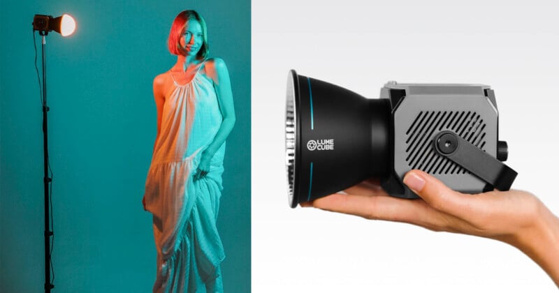 On the left, a woman in a long dress stands under teal light. On the right, a close-up of hands holding a compact and modern photography light with "Lume Cube" branding.